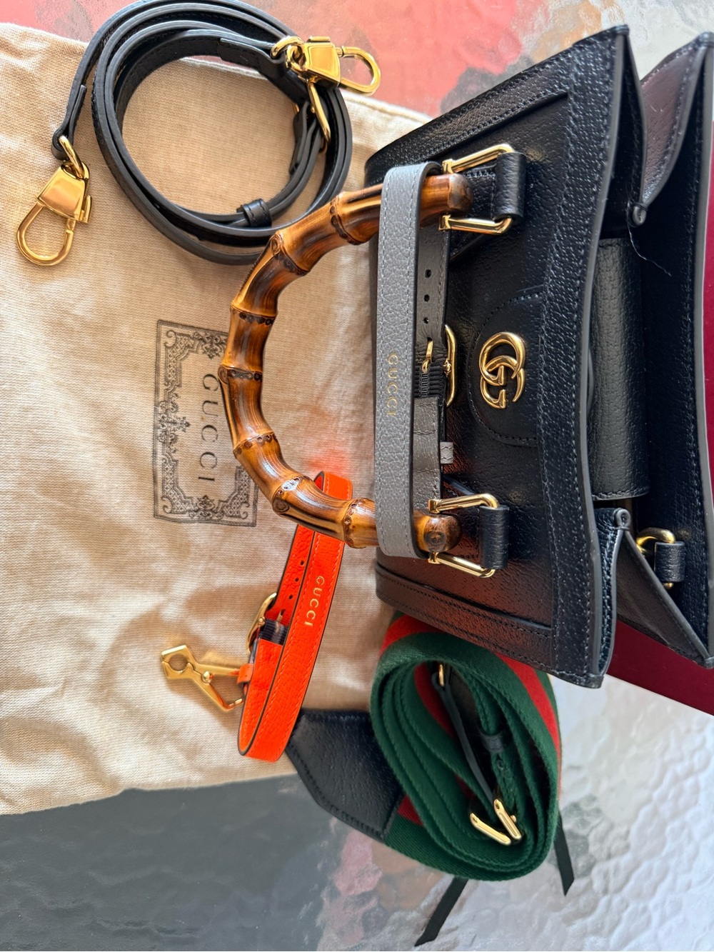 Gucci Diana black leather bamboo handle bag with pair of crossbody straps! New - Picture 6 of 10